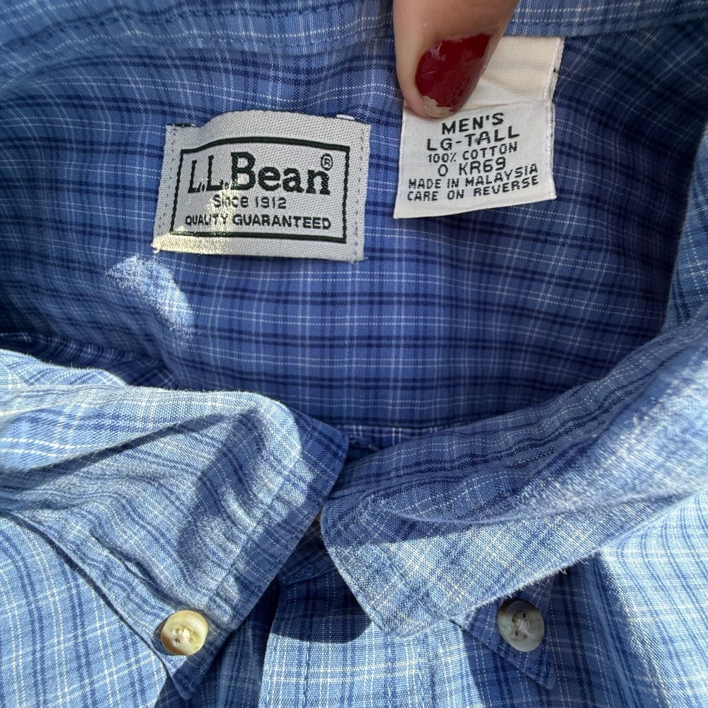 LL Bean Mens Large Tall Blue Plaid Button Down Shirt 100% Cotton Long Sleeve - Picture 11 of 13
